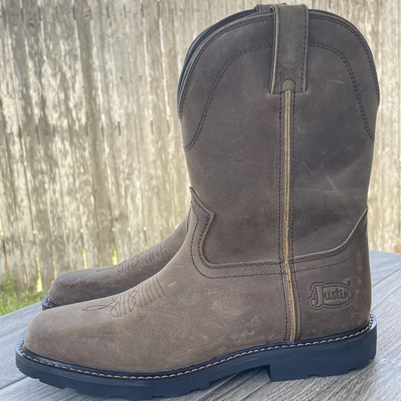 Justin Western Boots Men 8D Brown Leather Water Buffalo Safety EH SR MJ1015 NEW - Picture 5 of 13